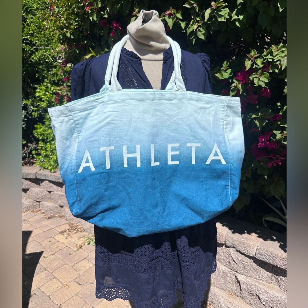 TWO Athleta Beach Bag Gym Bag Tote Blue Ombre White Canvas Shopping Bag